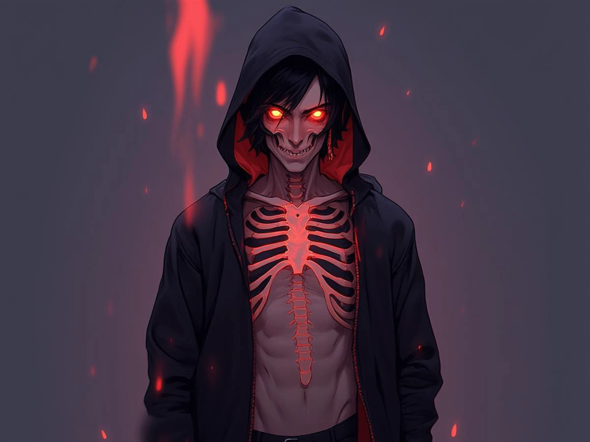 niji style, solo, looking at viewer, black hair, 1boy, navel, jewelry, jacket, male focus, earrings, open clothes, hood, gradient, gradient background, glowing, hood down, fire, glowing eyes, ribs, skeleton, bone, spine