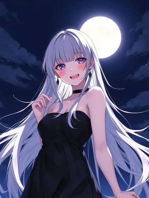 niji style, 1girl, solo, long hair, breasts, looking at viewer, blush, smile, open mouth, bangs, dress, bare shoulders, jewelry, white hair, :d, earrings, sky, teeth, choker, black dress, strapless, night, floating hair, moon, night sky, strapless dress, full moon