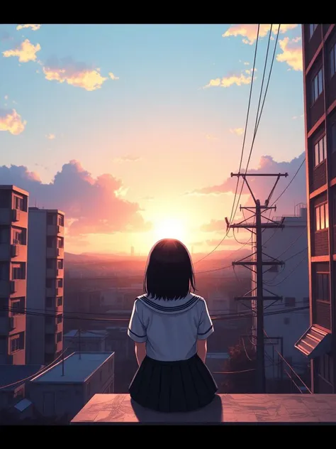 niji style, 1girl, solo, skirt, shirt, black hair, sitting, school uniform, white shirt, short sleeves, pleated skirt, outdoors, sky, serafuku, cloud, medium hair, sailor collar, from behind, blue sky, building, scenery, sunset, city, facing away, cityscape, power lines