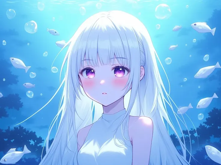 niji style, 1girl, solo, long hair, blush, dress, bare shoulders, purple eyes, upper body, white hair, sleeveless, white dress, sleeveless dress, fish, bubble, underwater, air bubble