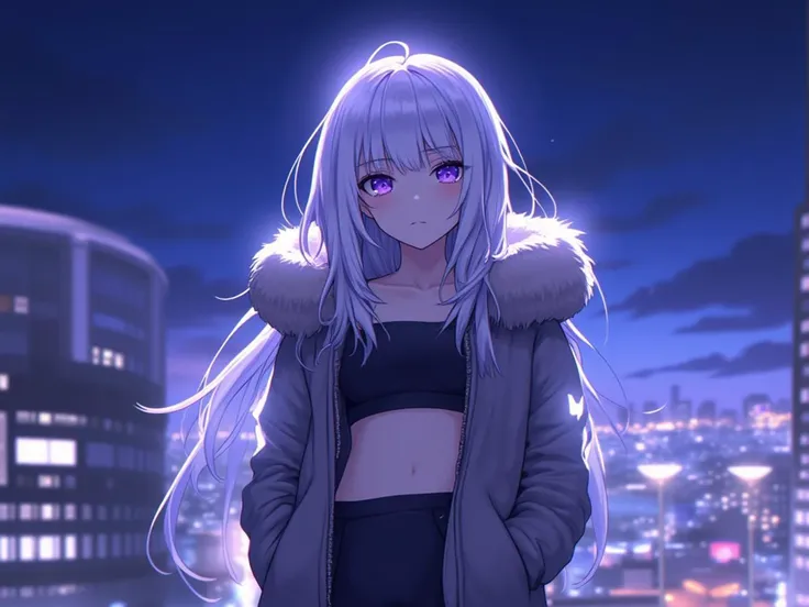 niji style, 1girl, solo, long hair, looking at viewer, bangs, navel, closed mouth, purple eyes, jacket, white hair, outdoors, open clothes, sky, midriff, hood, fur trim, night, building, hooded jacket, hood up, hands in pockets, cityscape, city lights, fur-trimmed hood