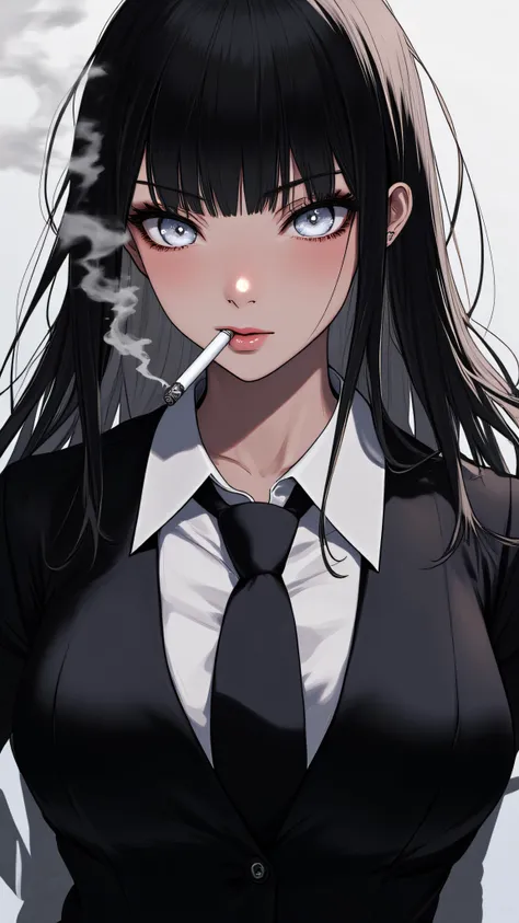  niji style,1girl, solo, long_hair, breasts, looking_at_viewer, bangs, large_breasts, shirt, black_hair, jacket, white_shirt, upper_body, necktie, collared_shirt, blunt_bangs, lips, black_jacket,  mouth_hold, formal, black_necktie, cigarette, white_eyes