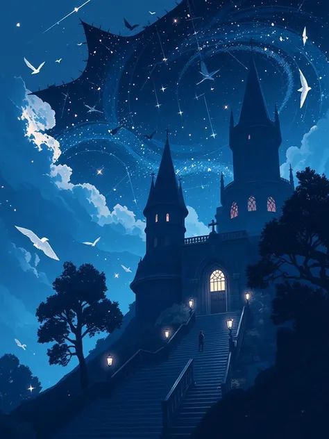 niji style, outdoors, sky, cloud, tree, no humans, night, bird, star (sky), night sky, scenery, starry sky, stairs, fantasy, castle