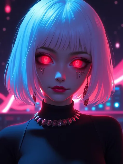 niji style, 1girl, solo, looking at viewer, short hair, bangs, red eyes, jewelry, closed mouth, white hair, earrings, lips, makeup, glowing, bob cut, portrait, glowing eyes