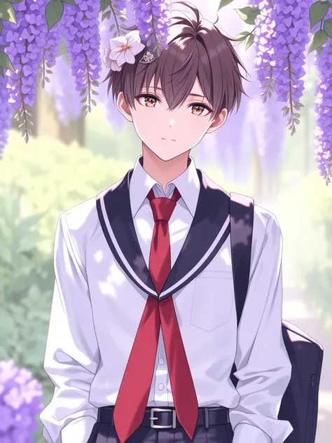 niji style, solo, looking at viewer, short hair, shirt, hair ornament, 1boy, school uniform, white shirt, flower, male focus, outdoors, necktie, belt, hair flower, bag, red necktie, school bag, purple flower, wisteria