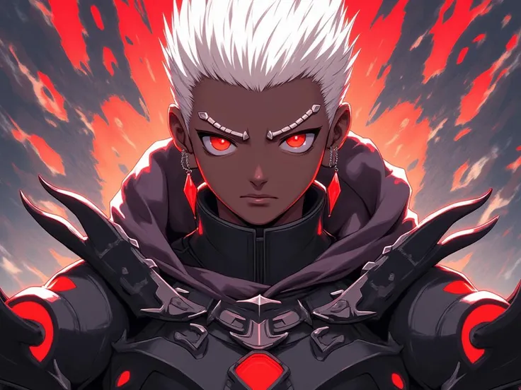 niji style, solo, looking at viewer, red eyes, 1boy, jewelry, upper body, white hair, male focus, earrings, dark skin, armor, dark-skinned male, archer (fate)