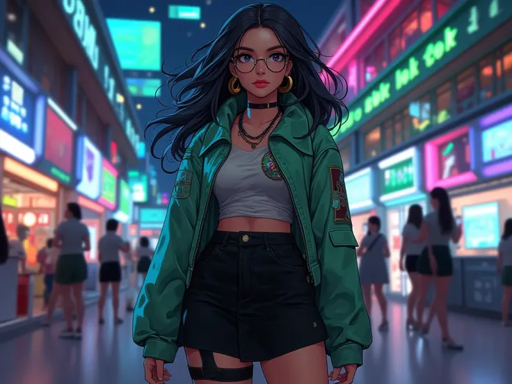 niji style, 1girl, solo, long hair, looking at viewer, skirt, black hair, jewelry, jacket, earrings, outdoors, black skirt, thigh strap, hoop earrings, green jacket, round eyewear, neon lights