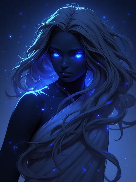 niji style, 1girl, solo, long hair, looking at viewer, blue eyes, floating hair, glowing, colored skin, star (sky), glowing eyes, giant, straight-on, black skin