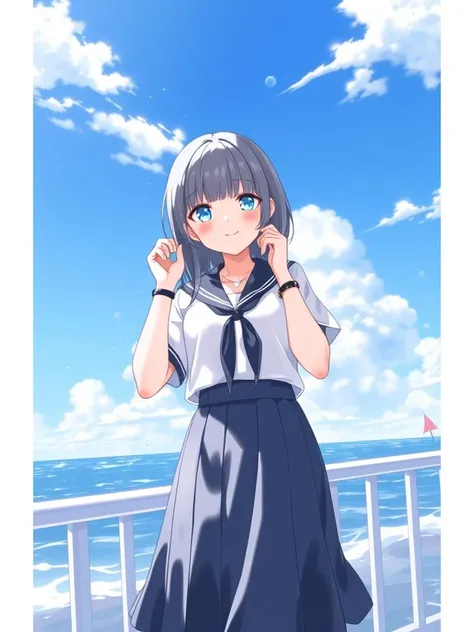 niji style, 1girl, solo, looking at viewer, blush, smile, bangs, blue eyes, skirt, shirt, jewelry, school uniform, white shirt, short sleeves, outdoors, sky, serafuku, day, cloud, sailor collar, blue sky, ocean, water drop, railing