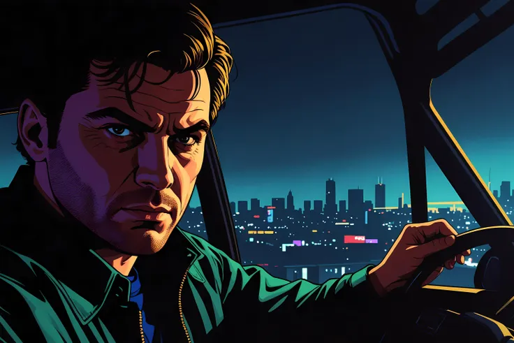 Dark Moody Atmosphere, GTA-style artwork a man . satirical, exaggerated, pop art style, vibrant colors, iconic characters, action-packed, dramatic, mysterious, dark moody atmosphere