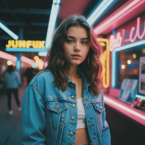 a young beautiful woman with brunette hair, wearing a denim jacket, 80s vibe, flashing neon lights, analog photo, fujifilm xt3, iso 250