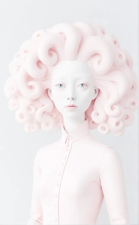 high-key pale pink candyfloss plasticine figurine by hsiao ron cheng and disney pixar and junji ito of an albino woman with big hair