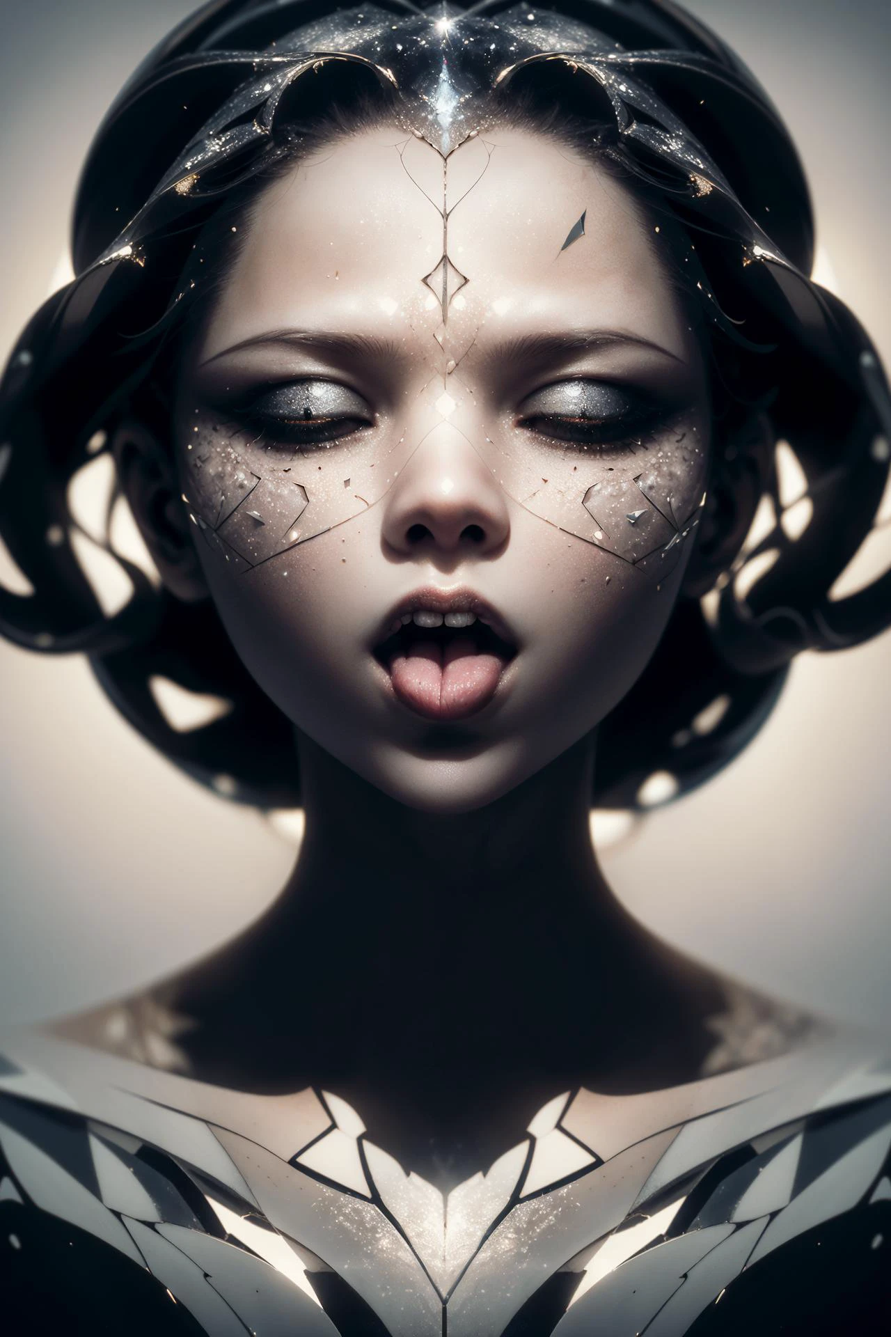 ((8k, best quality, masterpiece:1.3)), ((Rule of thirds)), SkinHairDetail, ((white background)), ((face close-up)),
(((light play))), (((shadow play))), ((glamour photography)), ((spiral patterns)), ((solo, action, dynamic, cinematic)),
((provocative)), ((spiraling light)), (action packed:1.3), (haze, fog, mist:1.3), ((swirling wind)), ((bokeh)), ((reflective)),
((1girl)), ((false confidence)), ((light passing through hair)),
<lora:fractalized:0.5> fractalized,
<lora:decef:0.5> (decef, glass fragments),
HDA_Oral invitation