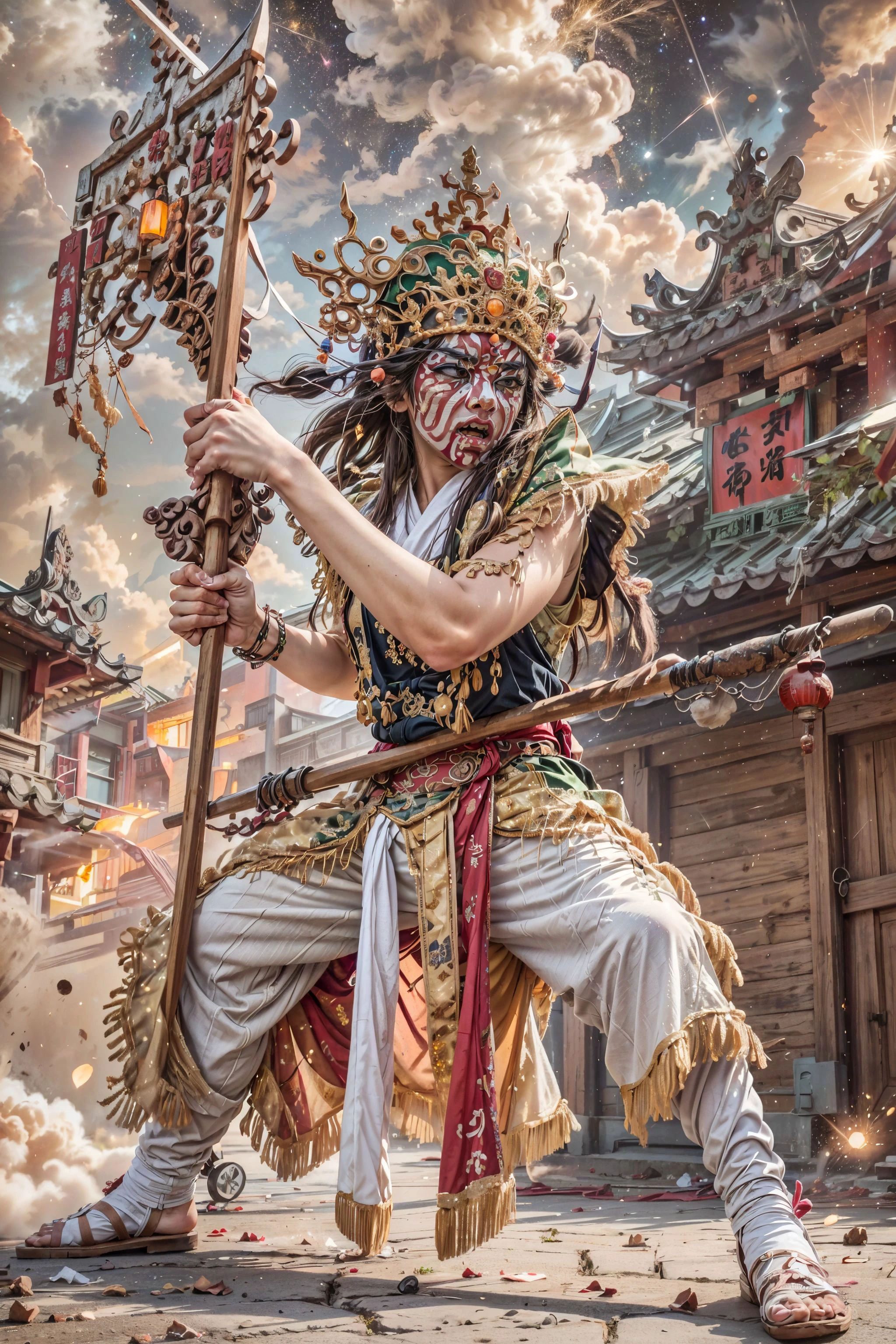 (Highest picture quality), (ultra-detailed), (sharp focus), (close-up), (depth of field:1.3), RAW, realistic, (colorful, vivid colors:1.1), (masterpiece), (best quality), photorealistic, absurdres, (highres), BREAK, ((1boy)), (a chinese man), solo, looking at viewer, 18 years old, (detailed skin, detailed face, detailed intricate iris, nice hands, perfect hands:1.3), (intricate details), (maximum details), (delicate), (hand of Guido Daniele:1.4), BREAK, (beautiful detailed glow:1.2), (cinematic lighting), (rim lighting:1.4), (two tone lighting:1.3), (reflection, refraction:1.2), (Rembrandt lighting:1.4), (Rule of thirds:1.3), (light play, shadow play:1.3), (glamour photography, cinematic, film grai, anime aesthetic), (diffused lighting, bokeh, lens flare, light particles:1.3), (dynamic lighting), ray tracing, volumetric lighting, (dramatic lighting), (explosive light and shadow:1.4), (Dynamic Pose, Dynamic Angle:1.2), (moody lighting), BREAK, twgod, Taiwanese hell police, pauldrons, helmet, holding handcuffs, holding timtoken, timtoken, (holding polearm:1.4), temple, chinese style architecture, (combat pose, angry face, fighting pose, aggressive stance, fangs, roaring, sharp eyes, open mouth:1.3), (soft light passing through hair, light patterns on skin:1.2), (huge muscles, very muscular, thick upper arms:1.1), (stars, milky way, night, starry:1.4), (reflective, shiny:1.2), (building), (ornate Taiwanese temple paifang, taiwanese_temple), (jiufen taiwan:1.3), scenery, (from below:1.3), outdoors, full body, BREAK, (Makeup:1.3), (human anatomy, golden ratio:1.1), BREAK, <lora:GoodHands-beta2:1>, <lora:neg4all_bdsqlsz_V3.5:1>, <lora:epiNoiseoffset_v2-pynoise:2>, <lora:add_detail:0.4>, <lora:more_details:0.4>, <lora:twgod-000012:0.6>, <lora:taiwanese_temple_first-ver:0.5>, <lora:Jiufen:0.5>