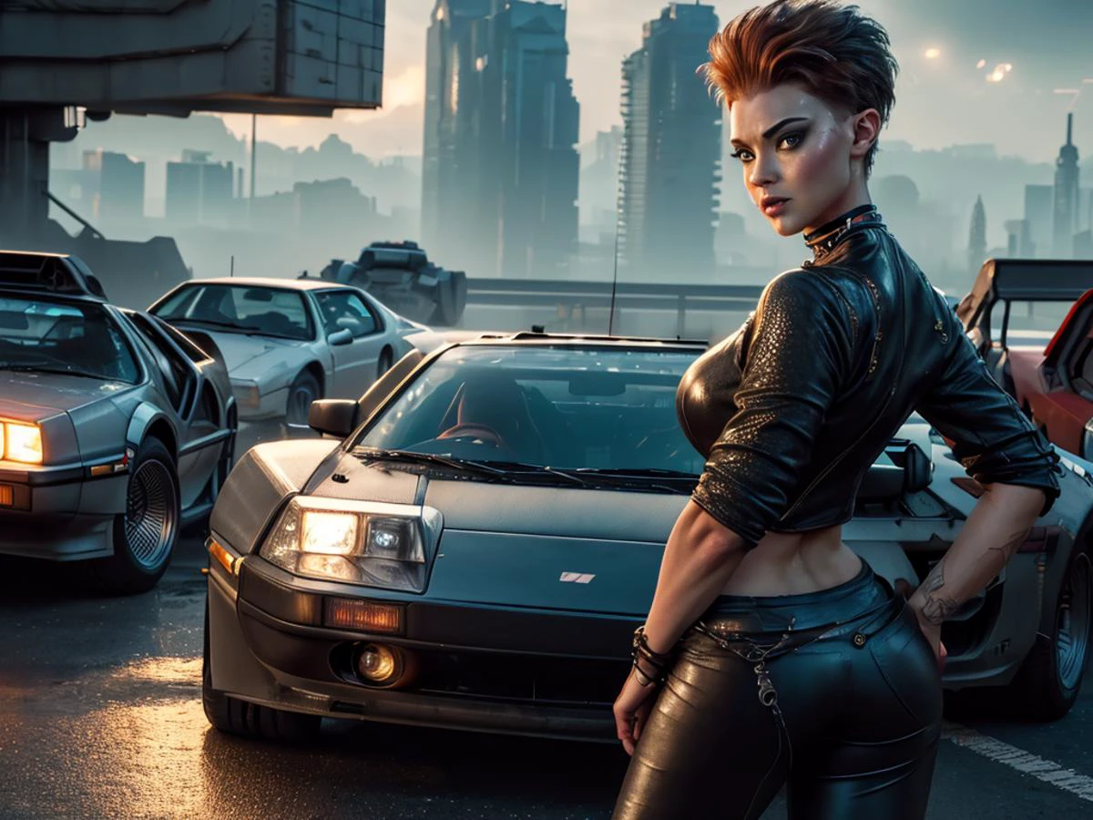 concept art (masterpiece:1.5),(high quality:1.5), (high detailed: 1.5),absurdress, <lora:add_detail:0.5>, art3mis, wearing a long tight leather pants and open jacket, choker, standing looking at the camera, (sharp focus:1.2), photo, attractive woman, (beautiful face:1.1), detailed eyes, luscious lips, large breasts, (cat eye makeup:0.85), (large eyes:1.0), (toned body:1.2), (short hair), (moody lighting:1.2), depth of field, 4K, HDR. body freckles, beautiful eyes, beauty marks, side view
, photorealistic,
<lora:art3mis-10RP1:0.7>, ready player one, ultrawide image, sexy body, on a cyberpunk city, cars in the background, delorean, (hands on the hips1.4),digital artwork, illustrative, painterly, matte painting, highly detailed