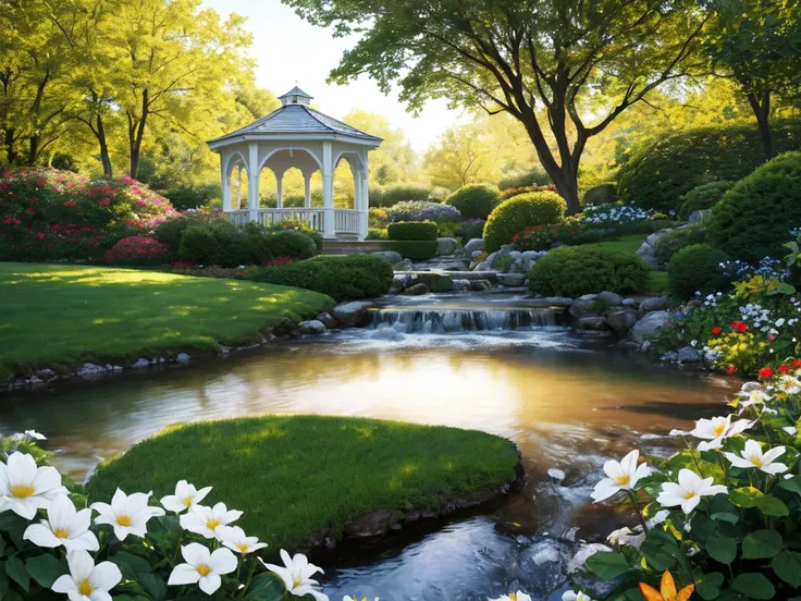 (white gazebo), shady flower garden, (creek), butterflies, birds, RAW photo, 64K, 32K, UHD, absurdres, Best resolution, hires textures, ultra-high resolution, (photoreal, photorealistic, hyperrealistic:1.3), realistic water, epic realistic, physically-realistic, Ultra-HD-photo-same-realistic, extremely high detailed, Ultra-HD-details, emphasized-details, Crisp Details, highest quality, masterpiece, high budget, beautiful, beautiful, elegant, captivating, epic composition, top-ranking, movie still, cinema still, analog film photo, Vibrant, rich emotive colors, ultra sharp focus, Fast Autofocus, Well-Defined Edges, Perfectly Crafted, Moody, HDR, Resplendent, Distinct Foreground and Background, Full Depth, Environment Occlusion, Transmittance, Light Attenuation, Environment Lighting, Real-Time GI Caching, Compositing, Color Grading, Glare Effects, Raymarching, very saturate colors, Ambient Lighting, accent lighting, God Rays, Full-Frame DSLR, White Balance Daylight, Kodak Ektachrome 100G