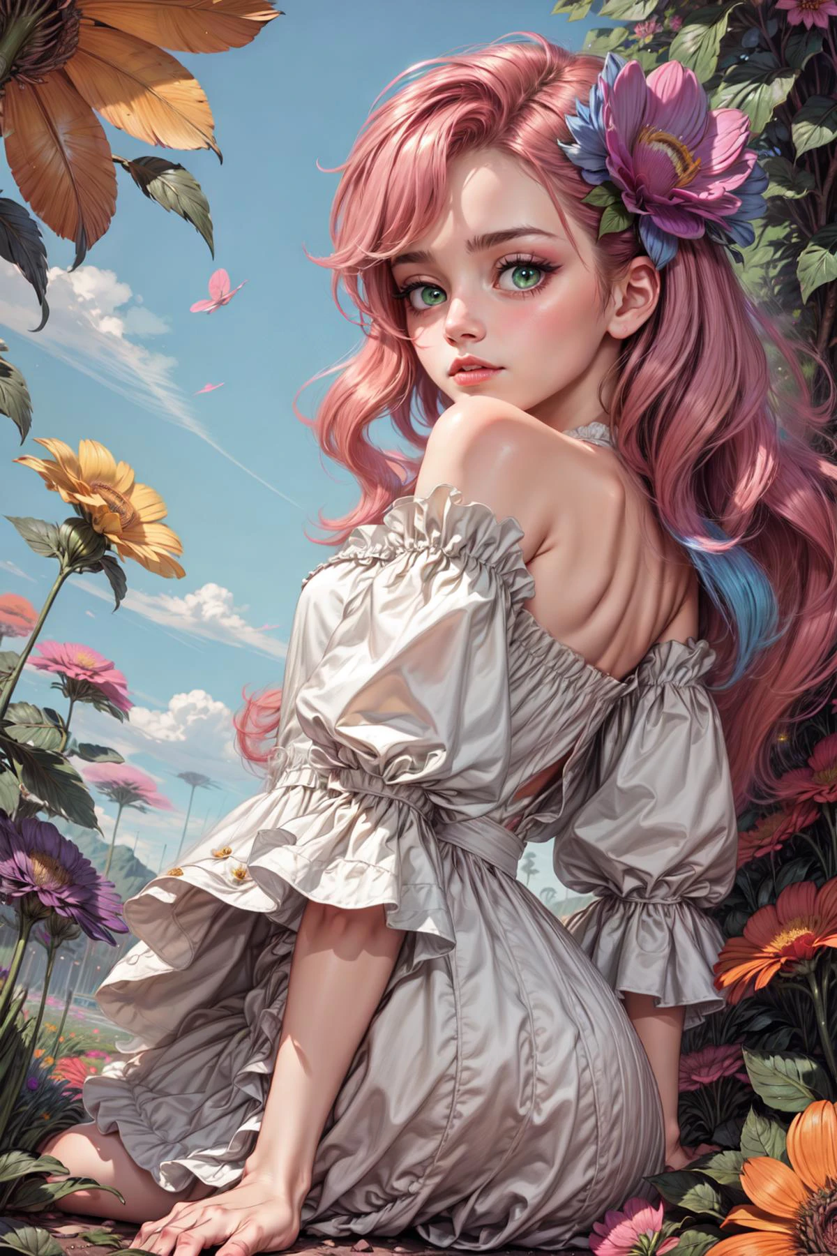 Ultra-realistic 8k CG, masterpiece, best quality, (photorealistic:1.4), absurdres, ((extremely detailed:1.2)), ((life-like:1.22)),
((giant flowers and flora:1.3)), ((windy:1.3)), ((vibrant colors:1.3)), ::magical garden:1.3)),
girl in a flower field, long pink hair, picking flowers,
white dress, loose sleeves, sheer sleeves, off shoulder, white stockings,
<lora:cutecore_dreampop:1> cutecore dreampop,
from below, kneeling,
<lora:stylesqueeze_v1b:1>
<lora:Mild detail adjusterV10:1>
<lora:hairdetailer:1>