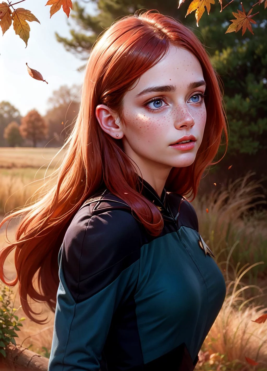 Ultra-realistic 8k CG, masterpiece, best quality, (photorealistic:1.4), absurdres, extremely detailed, real hair, life-like,
((mediaeval setting)), ((fall season, falling leaves)), ((detailed face, freckles)), ((detailed eyes)),
beautiful woman with wind-blown long red hair wearing a (blue trekngs1 uniform:1.3) in a field of tall grain, rustic farm, <lora:STNGV3new:0.8>