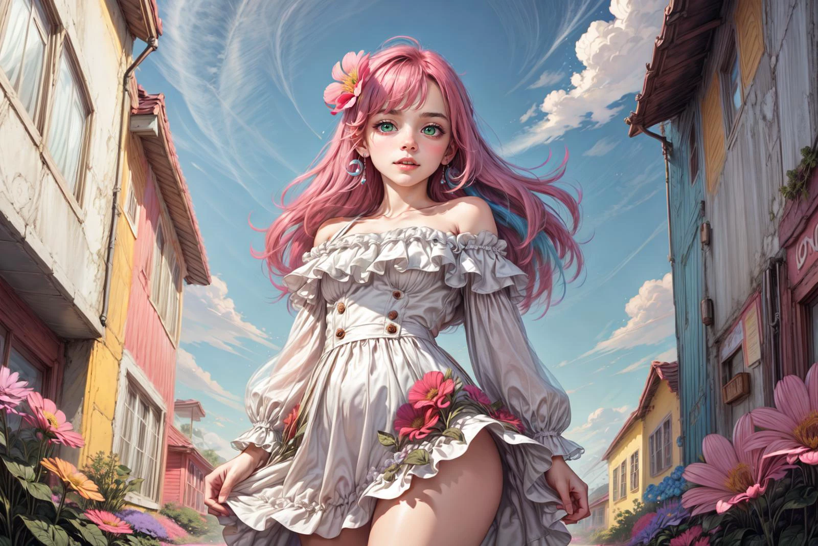 Ultra-realistic 8k CG, masterpiece, best quality, (photorealistic:1.4), absurdres, ((extremely detailed:1.2)), ((life-like:1.22)),
((giant flowers and flora:1.3)), ((windy:1.3)), ((vibrant colors:1.3)), ::magical garden:1.3)),
girl in a flower field, long pink hair, picking flowers,
white dress, loose sleeves, sheer sleeves, off shoulder, white stockings,
<lora:cutecore_dreampop:1> cutecore dreampop,
from below,
<lora:stylesqueeze_v1b:1>
<lora:Mild detail adjusterV10:1>
<lora:hairdetailer:1>