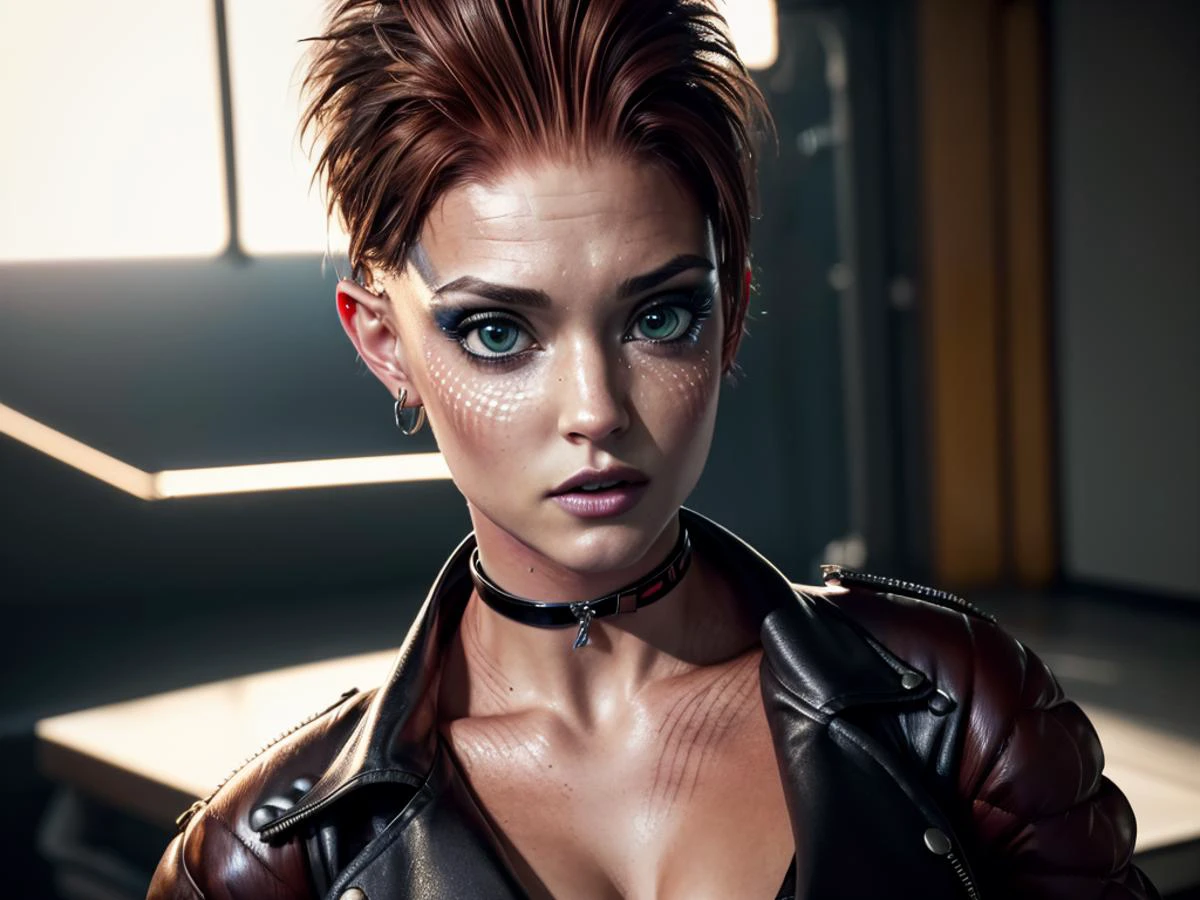Hyperrealistic art (masterpiece:1.5),(high quality:1.5), (high detailed: 1.5),absurdress, <lora:add_detail:0.5>, art3mis, wearing a long tight leather pants and open jacket, choker, looking at the camera, (sharp focus:1.2), photo, attractive woman, (beautiful face:1.1), detailed eyes, luscious lips, large breasts, (cat eye makeup:0.85), (large eyes:1.0), (toned body:1.2), (short hair), (moody lighting:1.2), depth of field, 4K, HDR. body freckles, beautiful eyes, beauty marks, close view
, photorealistic,
<lora:art3mis-10RP1:0.7>, ready player one, ultrawide image, sexy,
Extremely high-resolution details, photographic, realism pushed to extreme, fine texture, incredibly lifelike