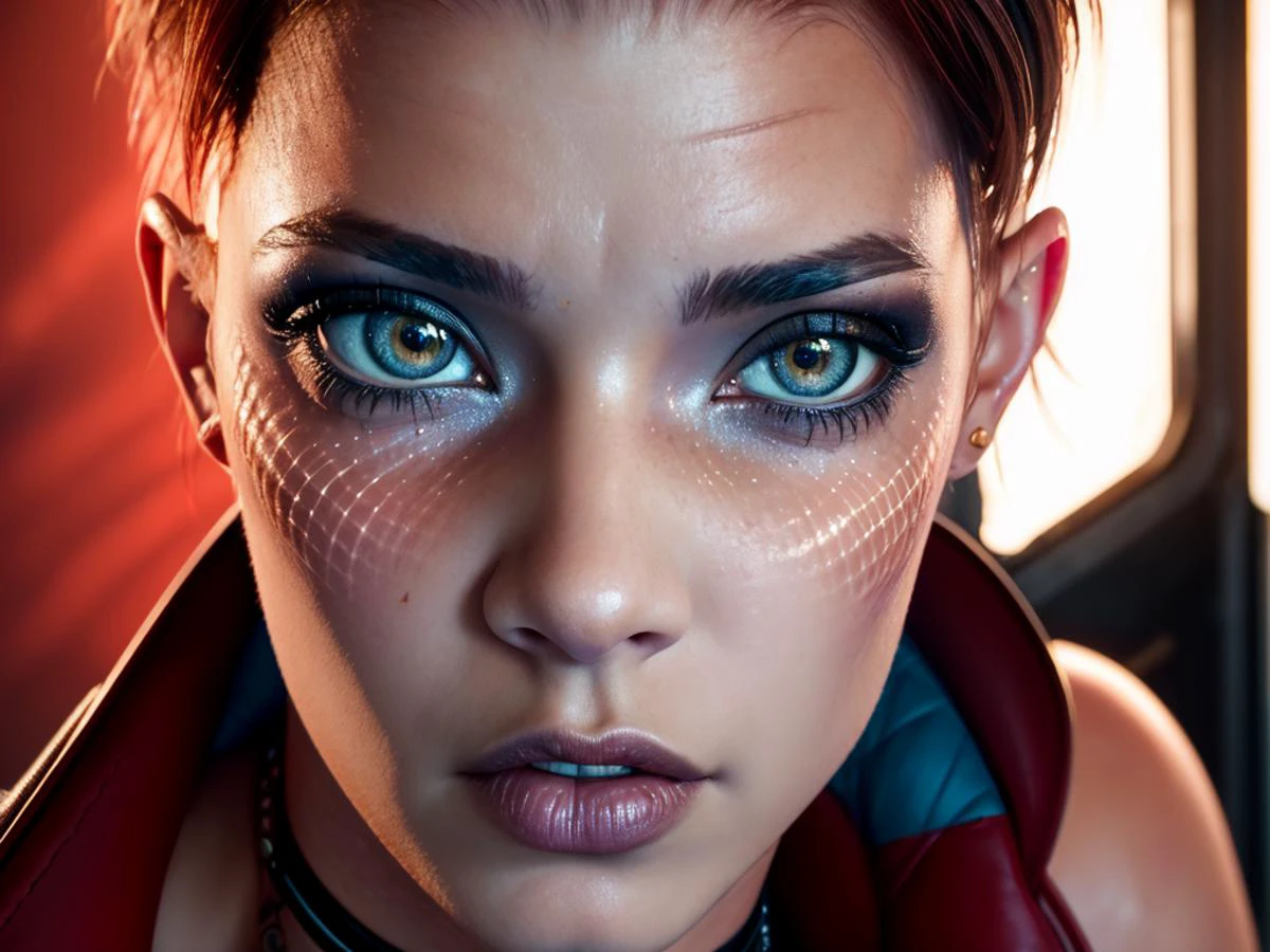 texture nsfw, (masterpiece:1.5),(high quality:1.5), (high detailed: 1.5),absurdress, <lora:add_detail:0.5>, art3mis, wearing a long tight leather pants and open jacket, choker, looking at the camera, (sharp focus:1.2), photo, attractive woman, (beautiful face:1.1), detailed eyes, luscious lips, large breasts, (cat eye makeup:0.85), (large eyes:1.0), (toned body:1.2), (short hair), (moody lighting:1.2), depth of field, 4K, HDR. body freckles, beautiful eyes, beauty marks, full body view
, photorealistic,
<lora:art3mis-10RP1:0.7>, ready player one, ultrawide image, top down close-up
