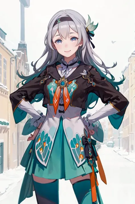 smile, cowboy shot, <lora:firefly-v2-kozue:1> 1girl, blue eyes, grey hair, long hair, hair ornament, black hairband, long sleeves, green skirt, green thighhighs, <lora:kuroboshi_kouhaku_style_v01:1>, ultra detailed, masterpiece, best quality, aesthetic, detailed,