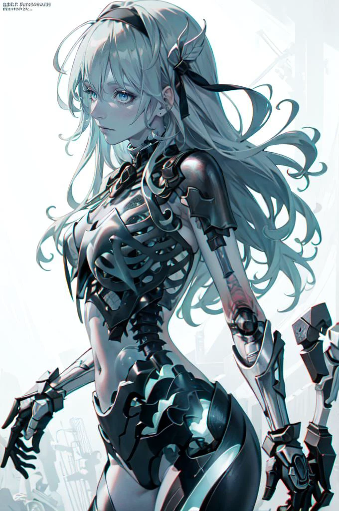 <lora:TranslucentSkinV1:1.2> translucent skin, bone, spine, mechanical parts, white skin, blue skin, <lora:firefly-v2-kozue:0.5> 1girl, blue eyes, grey hair, long hair, hair ornament, black hairband, green thighhighs,, absurdres, ultra detailed, masterpiece, best quality, aesthetic, detailed,