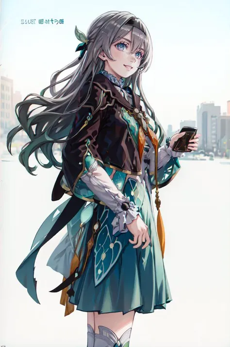 smile, cowboy shot, <lora:firefly-v2-kozue:1> 1girl, blue eyes, grey hair, long hair, hair ornament, black hairband, long sleeves, green skirt, green thighhighs, <lora:Focke_wulf_style_v02:1>, ultra detailed, masterpiece, best quality, aesthetic, detailed,