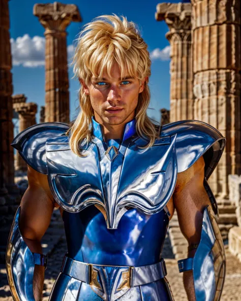 RAW photo, fullbody portrait of a blonde man with blue eyes <lora:Cygnus_Hyoga_V1:0.35> wearing the cygnus armor , inside greek ruins (high detailed skin:1.2), 8k uhd, dslr, soft lighting, high quality, film grain, Fujifilm XT3 <lora:more_details:1.3>