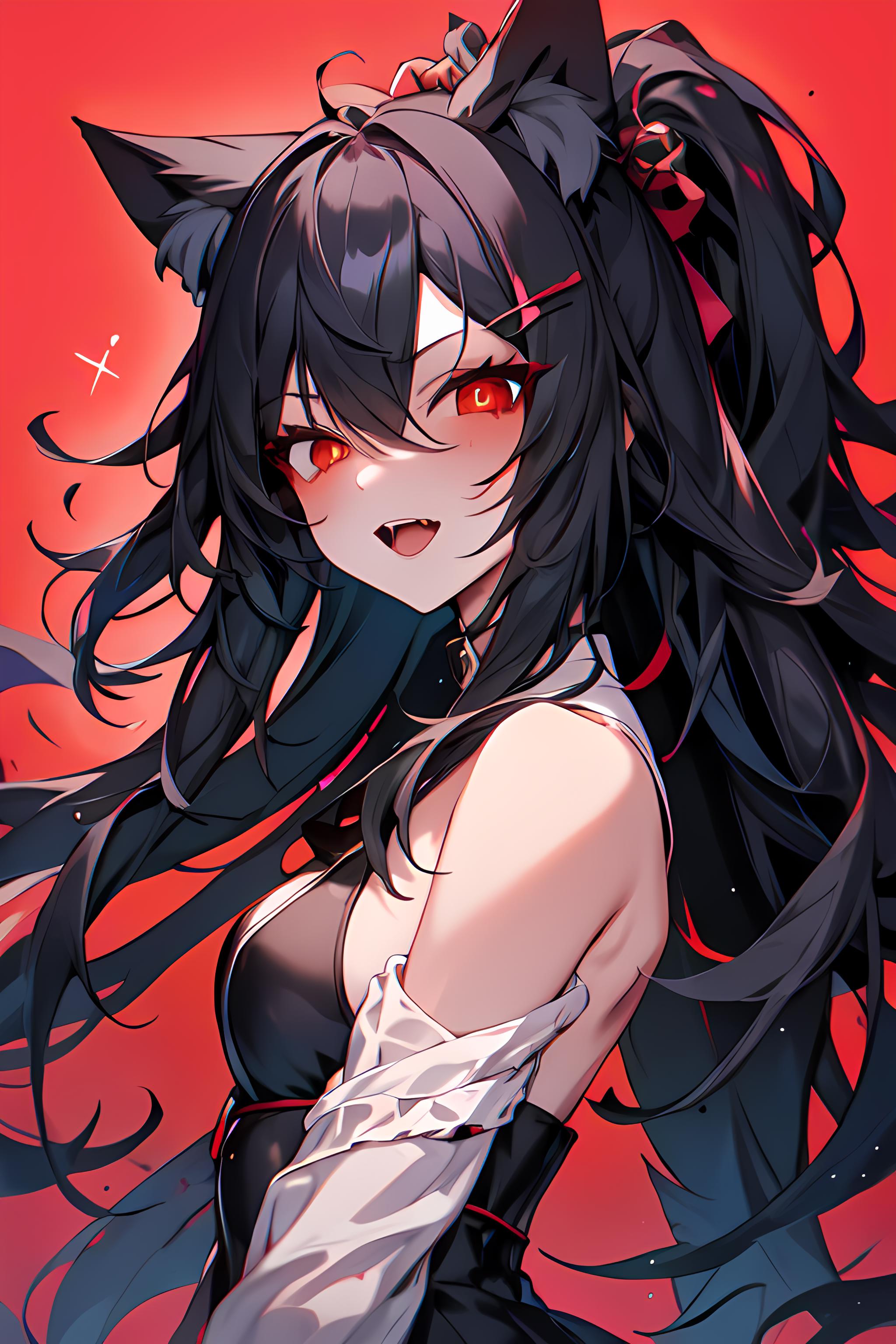 Anime girl with long black hair and red eyes with a cat ears - SeaArt AI