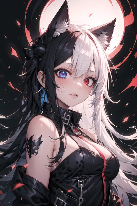 1girl, long hair, cat ears, psychotic, glowing eyes, <lora:PSYCHOPHONKY:0.3> BREAK
black hair, blue eye BREAK
white hair, red eyes