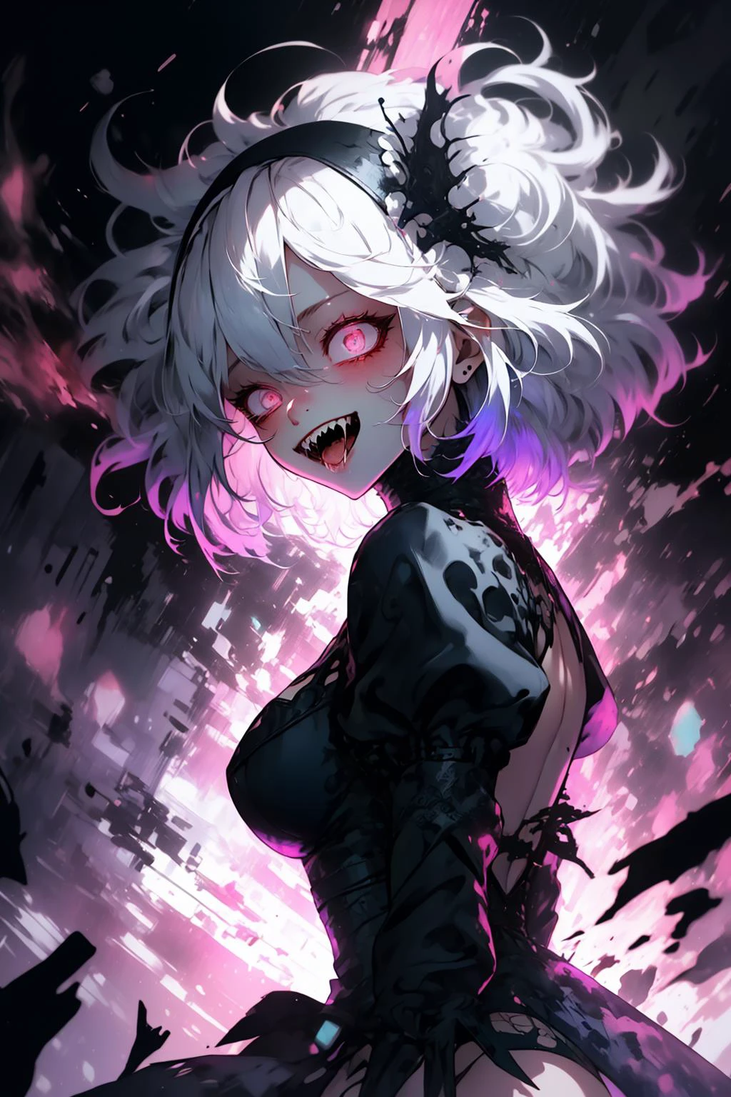 (Detailed illustration:1.3) <lora:y2b_v2-1:0.9> hm2b, black dress, puffy sleeves, long sleeves, juliet sleeves, clothing cutout, breasts, gloves, thighhighs, black thighhighs, leotard, (white hair:1.2), <lora:PSYCHOPHONKY:0.65> psychophonky, psychotic, crazy smile, glowing eyes, fangs, tongue sticking out <lora:Constricted PupilsV3:1.1> constricted pupils, small pupils