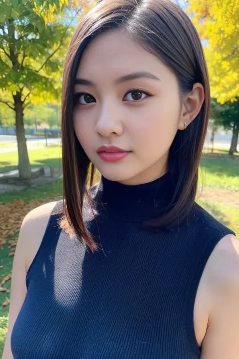 1girl,(wearing a sleeveless turtleneck sweater:1.2),(RAW photo, best quality), (realistic, photo-realistic:1.4), masterpiece, an extremely delicate and beautiful, extremely detailed, 2k wallpaper, Amazing, finely detail, extremely detailed CG unity 8k wallpaper, ultra-detailed, highres, soft light, beautiful detailed girl, extremely detailed eyes and face, beautiful detailed nose, beautiful detailed eyes,cinematic lighting,autumn scenery,park,perfect anatomy,slender body,<lora:hayashiyume_lora:0.7>,short hair,full body