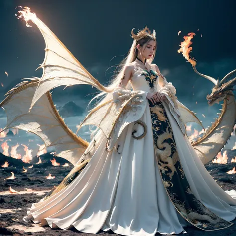 (masterpiece), (best quality), (super delicate), (illustration), (extremely delicate and beautiful), (dynamic angle), white and black highlights, (legendary Dragon queen:1.3),(complex details) ,golden eyes, green pupils, delicate face,messy floating hair, messy hair, focus, perfect hands, (fantasy wind),handsome shape,((((The flames burning behind the young woman)))), (the battlefield behind the young woman:1.2), (((Bloody))),long hair:1.2,hair stick:1.2,bun:1.2,full body:1.2,dragon horn:1.2,(((flowing))),nhjy,<lora:nhjy-10:0.5>