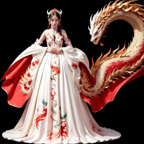 (masterpiece), (best quality), (super delicate), (illustration), (extremely delicate and beautiful), (dynamic angle), white and black highlights, (legendary Dragon queen:1.3),(complex details) ,golden eyes, green pupils, delicate face,messy floating hair, messy hair, focus, perfect hands, (fantasy wind),handsome shape,((((The flames burning behind the young woman)))), (the battlefield behind the young woman:1.2), (((Bloody))),long hair:1.2,hair stick:1.2,bun:1.2, full body:1.2,dragon horn:1.2,(((flowing))),nhjy, a woman in a red and white dress with a fan<lora:nhjy-10:0.5>