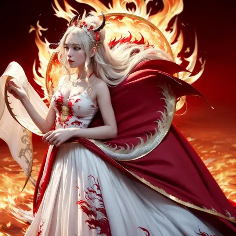 (masterpiece), (best quality), (super delicate), (illustration), (extremely delicate and beautiful), (dynamic angle), white and black highlights, (legendary Dragon queen:1.3),(complex details) ,golden eyes, green pupils, delicate face,messy floating hair, messy hair, focus, perfect hands, (fantasy wind),handsome shape,((((The flames burning behind the young woman)))), (the battlefield behind the young woman:1.2), (((Bloody))),long hair:1.2,hair stick:1.2,bun:1.2,upper body:1.2,dragon horn:1.2,(((flowing))),nhjy, a woman in a red and white dress with a fan<lora:nhjy-10:0.5>