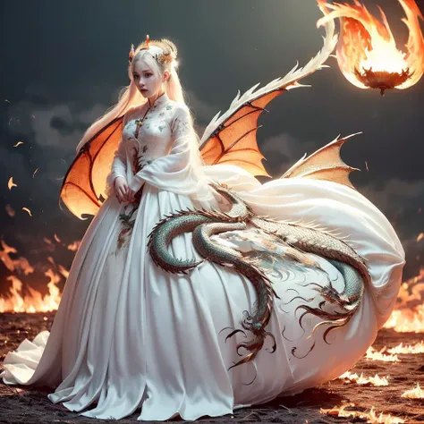 (masterpiece), (best quality), (super delicate), (illustration), (extremely delicate and beautiful), (dynamic angle), white and black highlights, (legendary Dragon queen:1.3),(complex details) ,golden eyes, green pupils, delicate face,messy floating hair, messy hair, focus, perfect hands, (fantasy wind),handsome shape,((((The flames burning behind the young woman)))), (the battlefield behind the young woman:1.2), (((Bloody))),long hair:1.2,hair stick:1.2,bun:1.2, full body:1.2,dragon horn:1.2,(((flowing))),nhjy, a white dress with a peacock on it<lora:nhjy-10:0.5>
