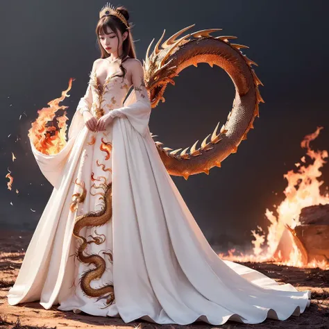 (masterpiece), (best quality), (super delicate), (illustration), (extremely delicate and beautiful), (dynamic angle), white and black highlights, (legendary Dragon queen:1.3),(complex details) ,golden eyes, green pupils, delicate face,messy floating hair, messy hair, focus, perfect hands, (fantasy wind),handsome shape,((((The flames burning behind the young woman)))), (the battlefield behind the young woman:1.2), (((Bloody))),long hair:1.2,hair stick:1.2,bun:1.2, full body:1.2,dragon horn:1.2,(((flowing))),nhjy, a dress with a long train and a cape<lora:nhjy-10:0.4>