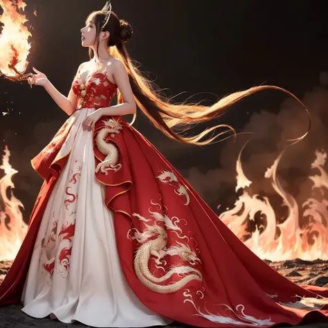 (masterpiece), (best quality), (super delicate), (illustration), (extremely delicate and beautiful), (dynamic angle), white and black highlights, (legendary Dragon queen:1.3),(complex details) ,golden eyes, green pupils, delicate face,messy floating hair, messy hair, focus, perfect hands, (fantasy wind),handsome shape,((((The flames burning behind the young woman)))), (the battlefield behind the young woman:1.2), (((Bloody))),long hair:1.2,hair stick:1.2,bun:1.2, full body:1.2,dragon horn:1.2,(((flowing))),nhjy, a woman in a red and white dress with a fan<lora:nhjy-10:0.5>