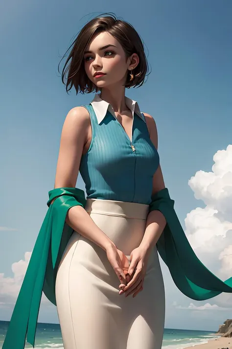 (masterpiece, best quality), 1girl,  <lora:ellone-nvwls-v1:1> ellone, blue shirt, sleeveless, green shawl, white skirt