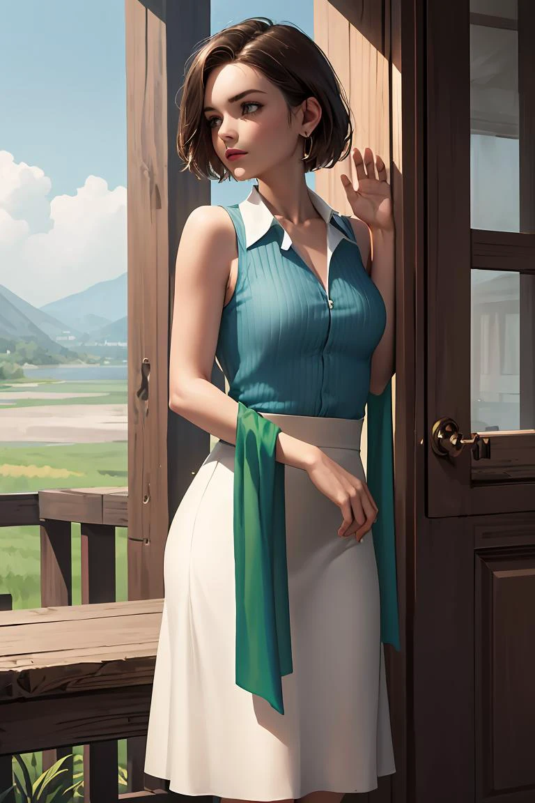 (masterpiece, best quality), 1girl, <lora:ellone-nvwls-v1:1> ellone, blue shirt, sleeveless, green shawl, white skirt
