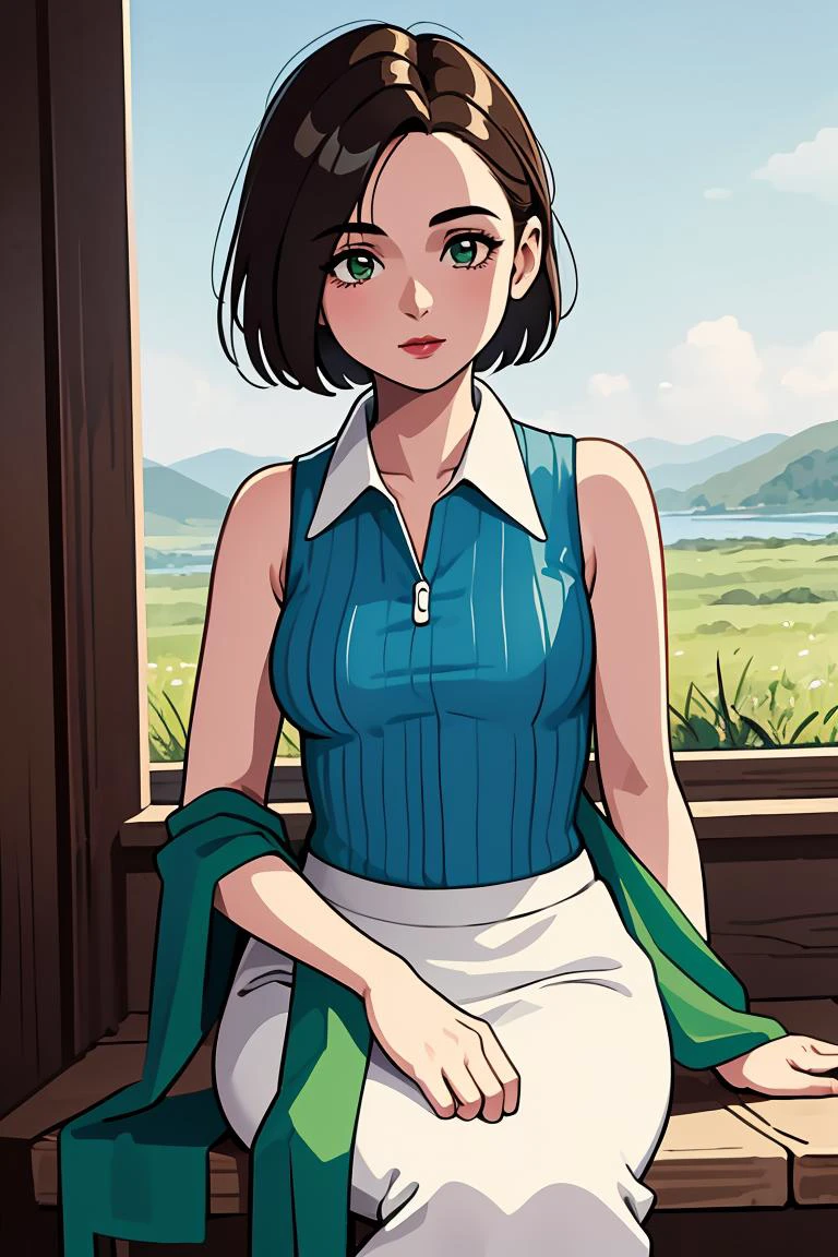 (masterpiece, best quality), 1girl, <lora:ellone-nvwls-v1:1> ellone, blue shirt, sleeveless, green shawl, white skirt