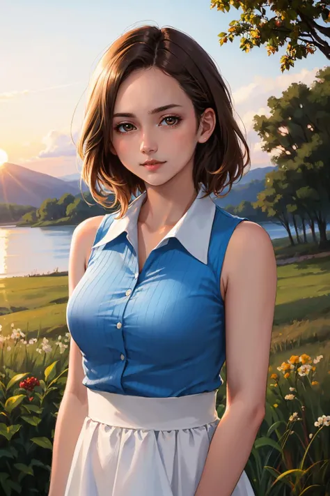 nsfw, 8K raw photo, Best quality, masterpiece, ultra high res, film grain, filmg, 1girl, looking at viewer, natural skin texture, realistic eye and face details, full lips, lipstick, (makeup), red eyeshadow, fluffy short hair, messy hair, smile, close mouth, beautiful legs, tall female, skinny, slim_legs, solo, enormous breast, cleavage, Pose with buttocks facing you, ultra short skirt, ass, shirt, beautiful nature location, around flower location, (detailed background), plaid skirt, white shirt, enormous breast, cleavage, Show a little cleavage through the shirt, loafers, blurry background, blurry, holding, plaid, short sleeves, jk ribbon on the neck, jk ribbon, brown hair, bracelet, water, bangs, , jewelry, parted lips, lips, from side, pleated skirt, depth of field