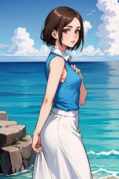 masterpiece, best quality, <lora:ellone-nvwls-v1-000009:0.7> ellone, brown hair, blue shirt, sleeveless, white skirt, from side, looking at viewer, hand to heart, ocean
