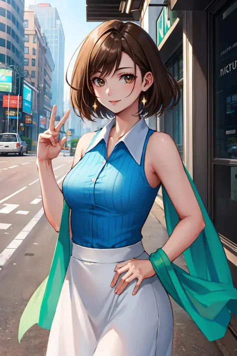 ((masterpiece)), (8k, high_resolution),(best quality), Sonoko, 1girl, solo, blue eyes, brown hair, short hair, bob hairstyle, smile, distance look, street, city, outdoor, beautiful eyes and detailed face, medium breasts, ((rabbit girl costume, rabbit girl: 1.2)), whole body