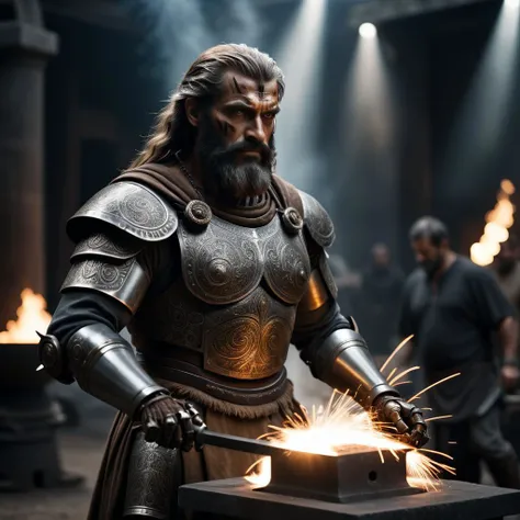 cinematic photo Awardwinning epic cinestil from hephaistos doing blacksmith work, flying sparks, anvil, amazing details, long beard, ornamental greek armor, wrathful eyes, dark lighting, dark shadows, (creating colossus, robot), best quality, amazing details, masterpiece . 35mm photograph, film, bokeh, professional, 4k, highly detailed