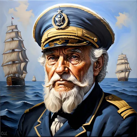 1man, <lora:Nouveau_last:1>, Art Nouveau Style, heavy ink lines, portrait, masterpiece, sea captain, white mustache, blue jacket, white hat, middle aged, grizzled, blue background