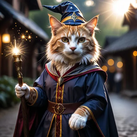 a cat, ((wizard outfit)), epic scene, dynamic camera, backlight, (close up:1.2), high quality photography, 3 point lighting, flash with softbox, 4k, Canon EOS R3, hdr, smooth, sharp focus, high resolution, award winning photo, 80mm, f2.8, bokeh