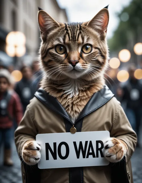 line art drawing cinematic film still a activist cat rally, protesting against war, making a peace sign, holding a sign text:("No War") ,paws , shallow depth of field, vignette, highly detailed, high budget, bokeh, cinemascope, moody, epic, gorgeous, film grain, grainy, high quality photography, 3 point lighting, flash with softbox, 4k, Canon EOS R3, hdr, smooth, sharp focus, high resolution, award winning photo, 80mm, f2.8, bokeh . professional, sleek, modern, minimalist, graphic, line art, vector graphics