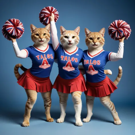 photo anthropomorphic cats dressed as cheerleaders, with the text "Talos" printed on their t-shirts